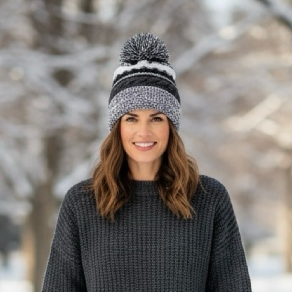 Sport-Tek Iron Grey/Black/White Pom-Pom Beanie - New Without Tags